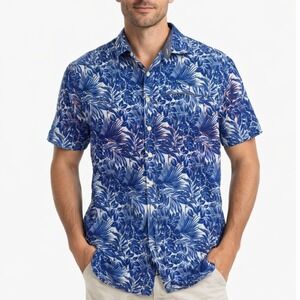 Tommy Bahama Blue Tropical Leaf Cotton Short Sleeve Button Up Shirt Hawaiian L